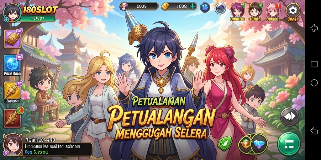 Tampilan menawan dari gameplay 180SLOT yang penuh warna dan karakter anime.