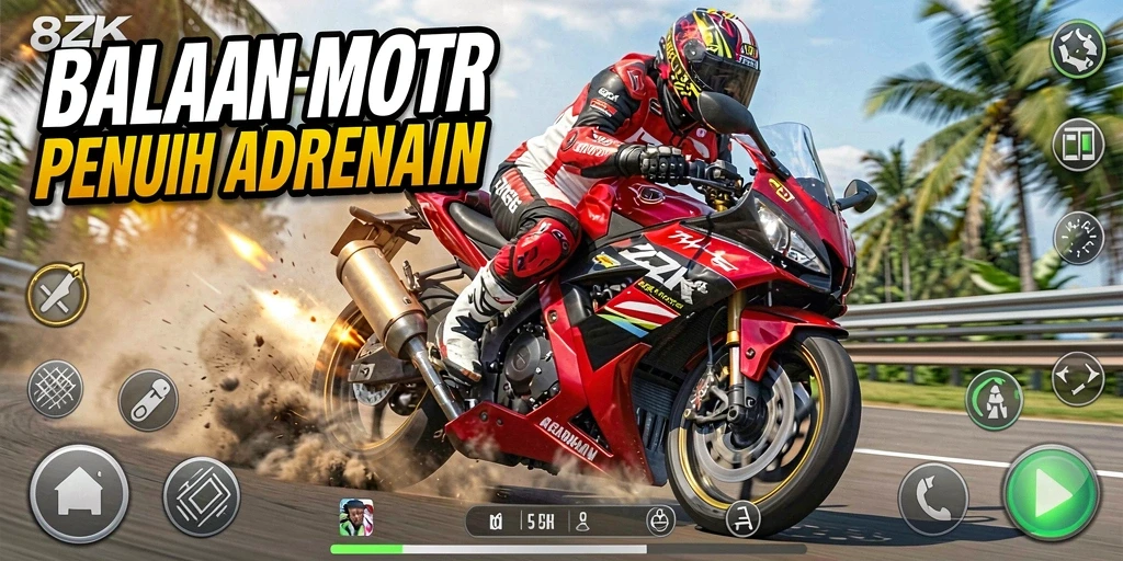 Tampilan gameplay menegangkan di 8ZK saat balapan motor.