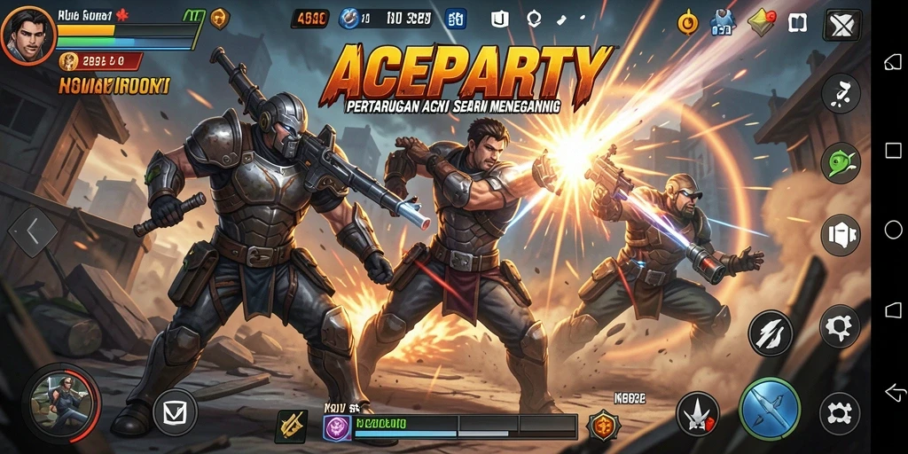 Screenshot utama ACEPARTY menampilkan aksi bertempur yang seru dan dinamis.