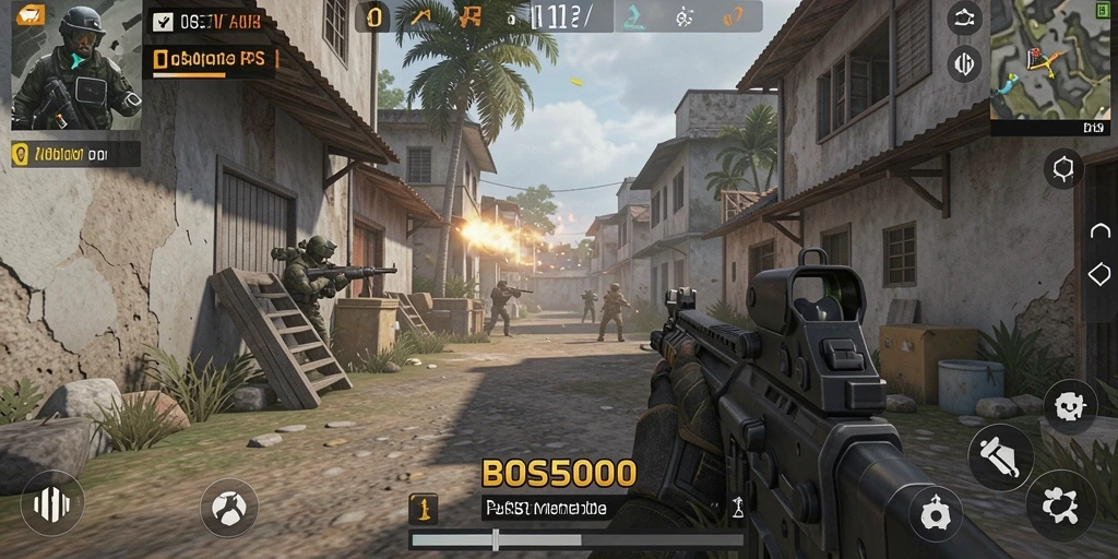 Tampilan gameplay intens di BOS5000 saat aksi tembak-menembak.
