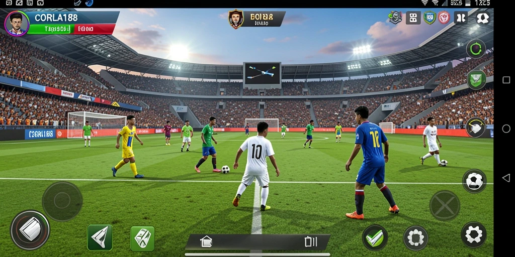 Screenshot permainan <strong>CORLA188</strong> dengan aksi sepak bola yang menegangkan.