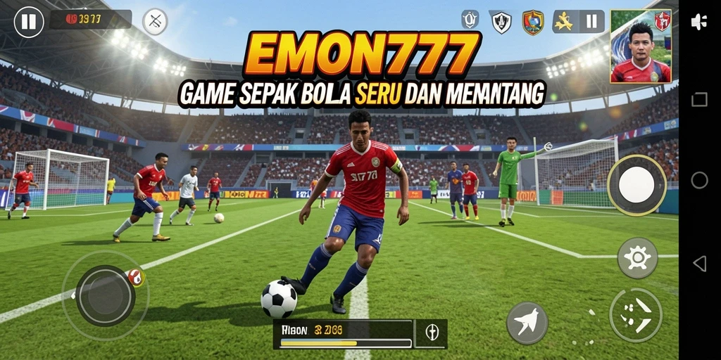 Tangkapan layar gameplay EMON777 menampilkan aksi pertandingan sepak bola yang mendebarkan.