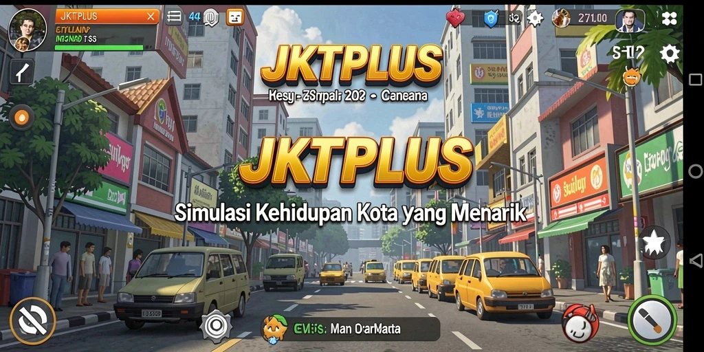Tampilan gameplay JKTPLUS yang menarik dengan interaksi kota yang hidup.