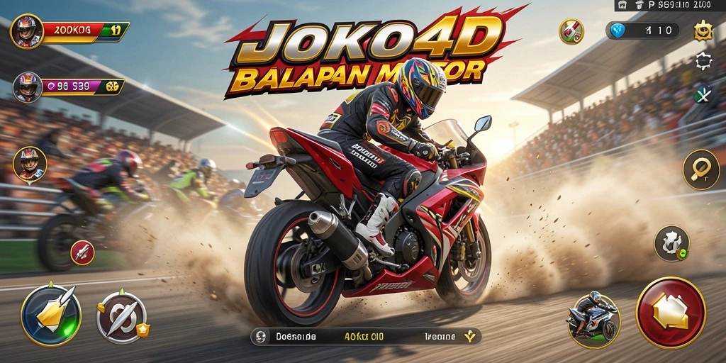 Tampilan gameplay mendebarkan dari JOKO4D yang menunjukkan balapan motor di lintasan menantang.