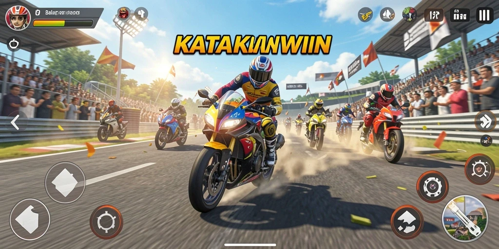 Gameplay KATAKWIN yang mendebarkan saat balapan motor di trek.