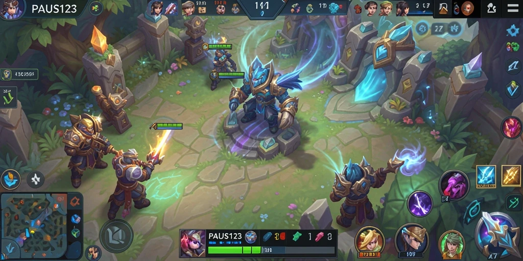 Screenshot gameplay PAUS123 menampilkan pertempuran tim yang intens.
