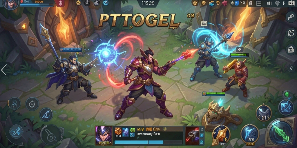 Tangkapan layar utama PTTOGEL menampilkan aksi pertarungan intense di arena MOBA.