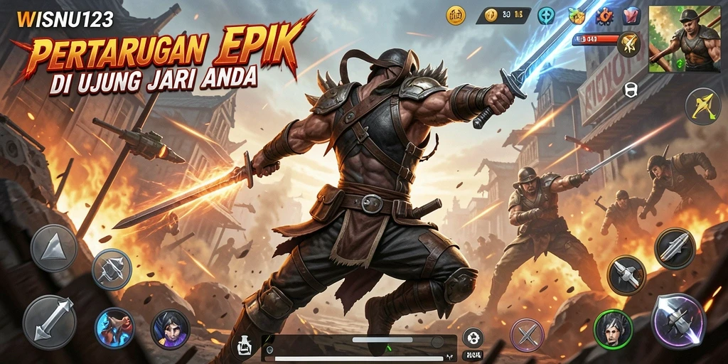 Screenshot utama WISNU123 menampilkan aksi pertarungan seru.